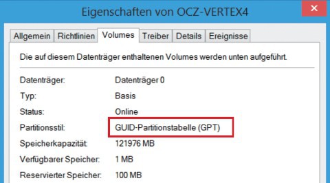 UEFI-Installation erkennen: Wenn die Systemfestplatte von Windows nach dem GPT-Partitionsschema eingeteilt ist, dann läuft Ihr Windows im UEFI-Modus.