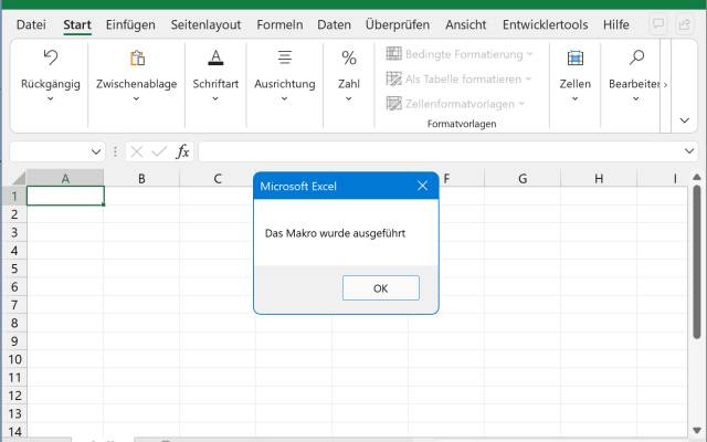 Screenshot eines Excel-Fenster mit der Dialogbox aus dem Testmakro