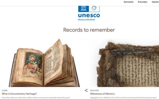 Unesco "Memory of the world" banner bei Google Arts & Culture