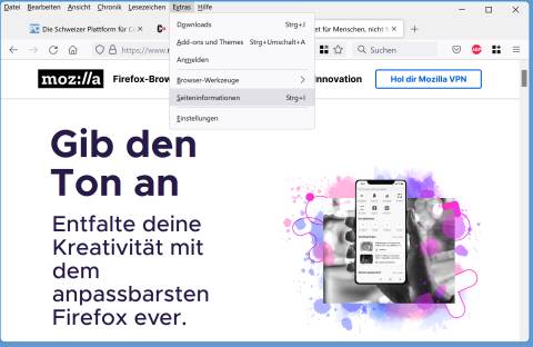 Firefox mit dem klassischen Menü, in welchem das Menü Extras geöffnet ist