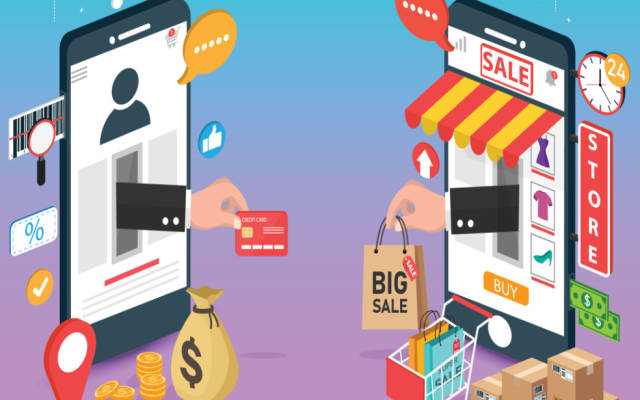 Bunte Illustration zeigt Smartphones mit Shopping-Apps