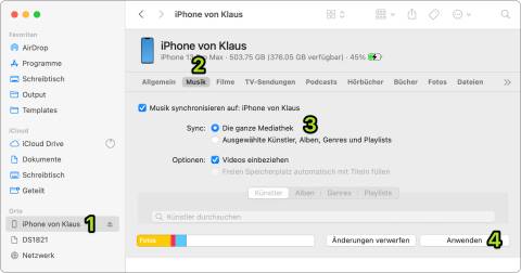 Der Screenshot zeigt das mit dem Mac verbundene iPhone mit den Einstellungen zur Synchronisierung