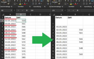 Ausschnitte aus zwei Excel-Tabellen, einmal der Urzustand, einmal der Zielzustand