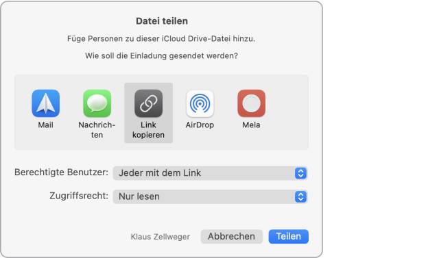 Der Screenshot zeigt am Mac, wie der Link zu einem freigegebenen Objekt kopiert wird