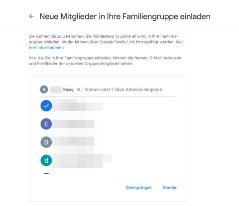 Screenshot zeigt Einladungsmöglichkeit in Familiengruppe