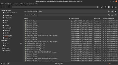 Screenshot zeigt die gefundenen Dateien im Linux-Dateimanager Nemo