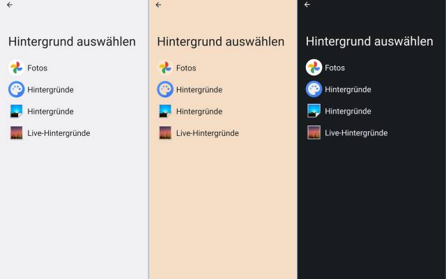 Dreimal dasselbe Android-Einstellungsfenster: Heller Modus, rötlicher Nachtmodus, Dunkelmodus
