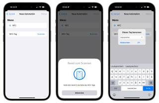 Drei iPhone-Screens zeigen, wie der NFC-Tag registriert wird
