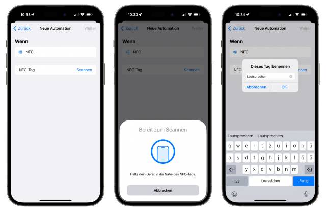 Drei iPhone-Screens zeigen, wie der NFC-Tag registriert wird
