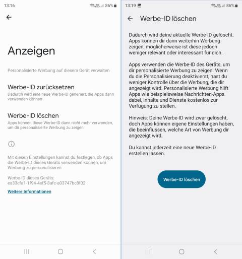 Zwei Android-Screenshots zeigen das Löschen der Werbe-ID