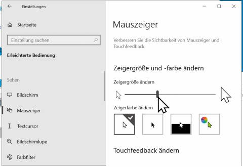 Die Einstellungen zur Grösse des Mauszeigers unter Windows 10