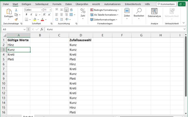 Excel-Tabelle mit Zufallseinträgen aus einer fest definierten Werteliste