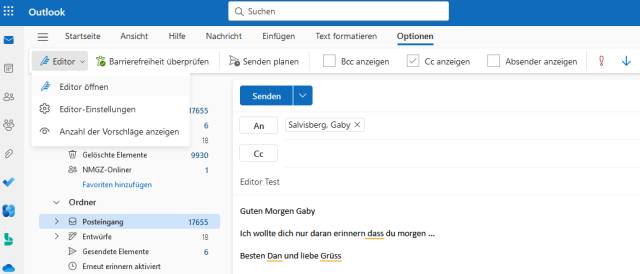 Öffnen des Microsoft Editors in der Outlook-Webversion