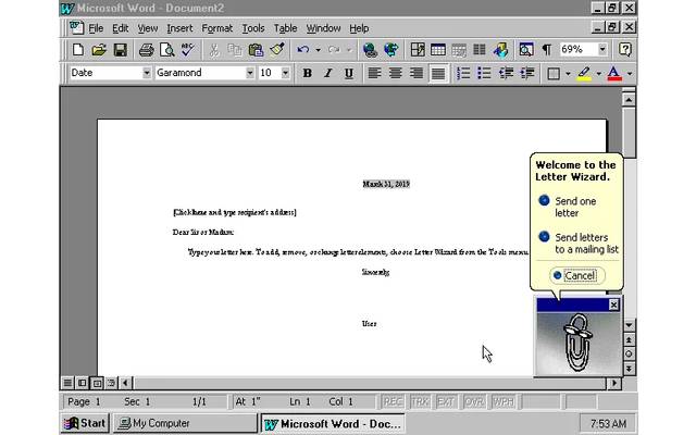 Microsoft Word 97 Document Editing with Clippy (1997).