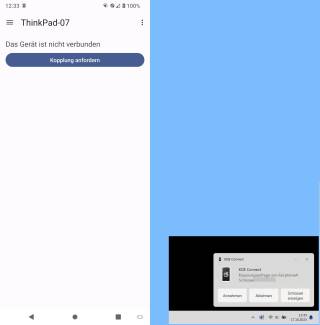 Android-Kopplungs-Knopf links, rechts die Anfrage unter Windows