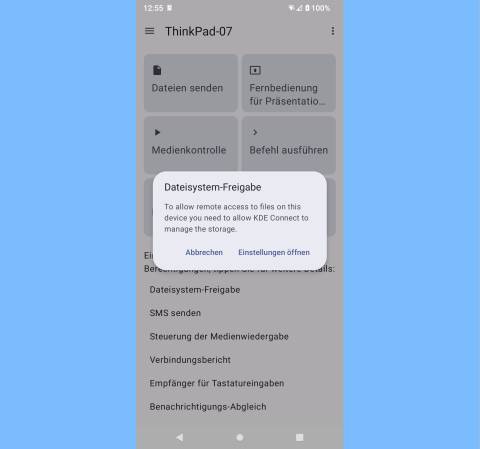 KDE Connect unter Android, mit Liste der erforderlichen Berechtigungen
