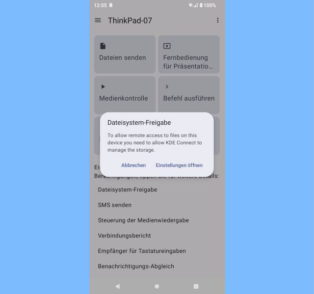 KDE Connect unter Android, mit Liste der erforderlichen Berechtigungen