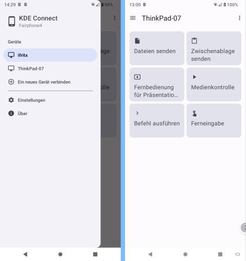 Android: Auswahl des Zielgerätes (links), verfügbare Funktionen (rechts)