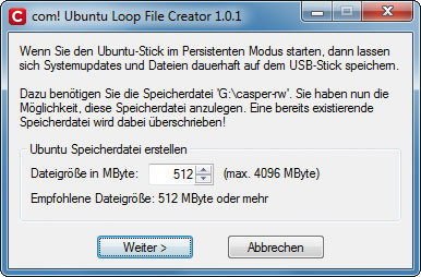 Ubuntu Loop File Creator 1.0.1: Das Tool erstellt bei Bedarf eine neue Speicherdatei für den Ubuntu-Stick.