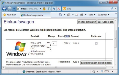 Service Pack auf DVD:Wer nur eine langsame Internetverbindung hat, der kann das Service Pack 1 für 10 Euro inklusive Mehrwertsteuer und Versand bei Microsoft bestellen (Bild 2).