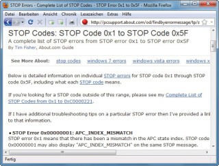 Fehlercodes im Überblick: Diese Webseite liefert für einen Großteil der Fehlercodes eine Beschreibung und gibt Tipps zur Lösung des Problems.
