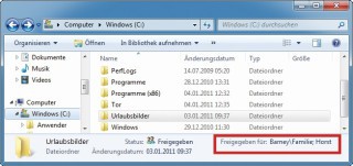 Eingeschränkter Zugriff: Der Windows-Explorer zeigt in der Statusleiste an, welche Benutzer oder welche Gruppen Zugriff auf den markierten Ordner haben.