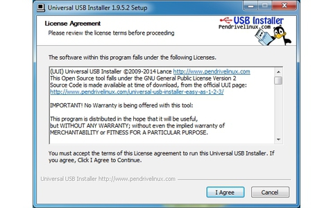 Beim Start von Universal USB Installer müssen Sie zunächst den Nutzungsbedingungen des Hersteller zustimmen.
