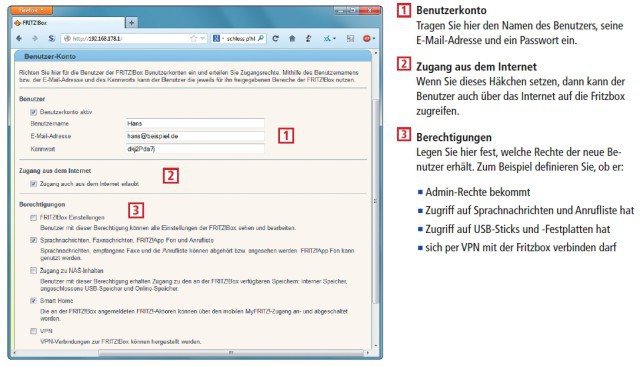 Fritz OS 6.0 bringt erstmals eine Benutzerverwaltung mit. Für jeden Mitbenutzer Ihrer Fritzbox legen Sie damit fest, welche Rechte er erhält. Zum Beispiel lässt sich einstellen, dass der Benutzer „Hans“ auf Sprachnachrichten und die Anrufliste zugreifen d
