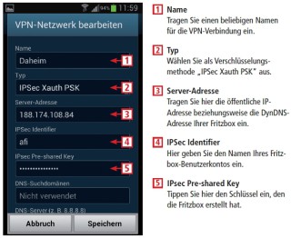 Nachdem Sie den VPN-Zugang in Ihrer Fritzbox aktiviert haben, erstellen Sie mit Ihrem Smartphone eine neue VPN-Verbindung. Hier sehen Sie die wichtigsten Einstellungen unter Android 4.1.2.