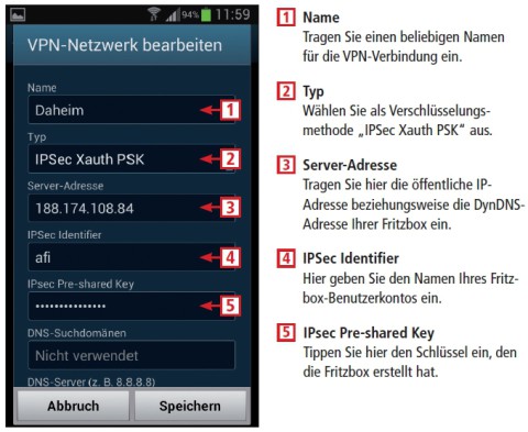 Nachdem Sie den VPN-Zugang in Ihrer Fritzbox aktiviert haben, erstellen Sie mit Ihrem Smartphone eine neue VPN-Verbindung. Hier sehen Sie die wichtigsten Einstellungen unter Android 4.1.2.