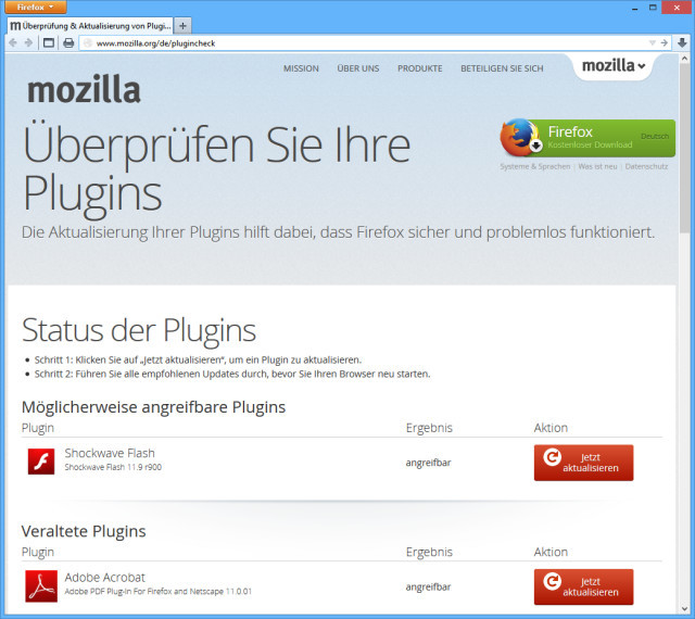 Mozilla Plug-in-Check: Diese Webseite zeigt Ihnen ab, ob die bei Ihnen installierten Firefox-Plug-ins noch aktuell sind. In diesem Beispiel sollten schleunigst ein paar Updates installiert werden.