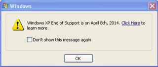 Deutlicher Hinweis: Ab dem 8. März erscheint auf XP-Rechnern dieses Hinweisfenster (hier auf englisch), das noch einmal deutlich auf das Support-Ende von Windows XP aufmerksam macht.