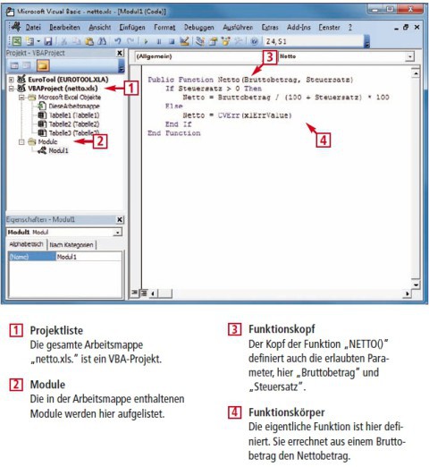 Der Visual-Basic-Editor ist in allen Versionen von Microsoft Office enthalten. Das Programm dient zur Entwicklung von Makros und Funktionen. Sie starten den Editor in Excel über die Tastenkombination [Alt F11].