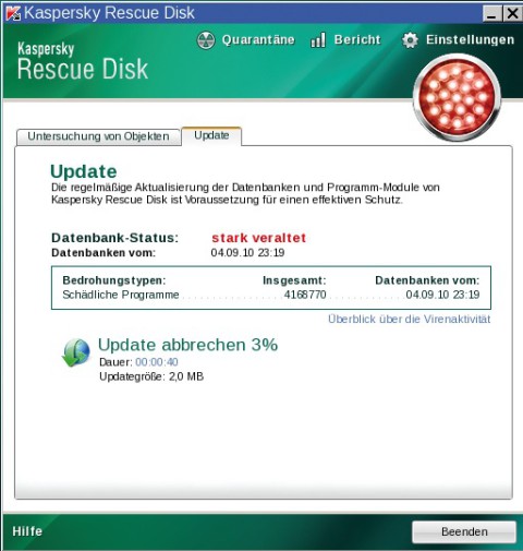 Kaspersky Rescue Disk 10: Sie sollten vor dem Virencheck auf jeden Fall die Virensignaturen aktualisieren.