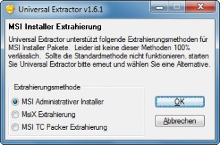 MSI-Dateien entpacken: Universal Extractor bietet drei Methoden zum Entpacken von Installationspaketen im MSI-Format. Eine der Methoden führt in der Regel zum Erfolg (Bild 3).