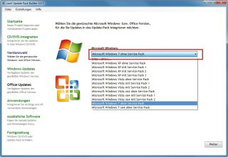 Windows-Version wählen: Damit Ihr selbst erstelltes Service-Pack später beliebige PCs aktualisieren kann, wählen Sie hier die Windows- und Office-Version ohne Service-Pack.