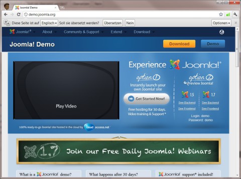 Unter http://demo.joomla.org können Sie sich eine eigene Joomla-Demo einrichten lassen. Die Website steht Ihnen für 30 Tage kostenlos zur Verfügung (Bild 2).