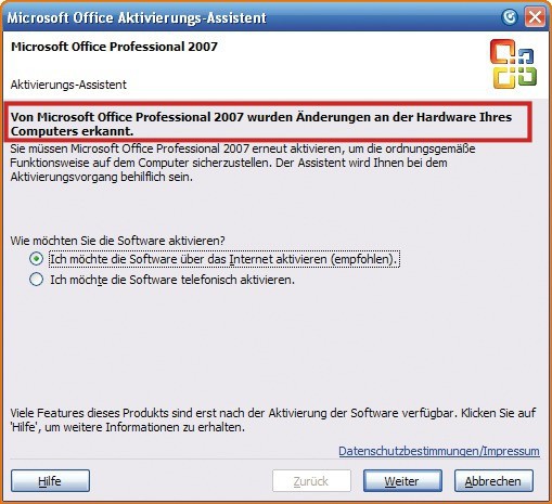 Problemanwendungen: Programme wie Office 2007 und Photoshop 8 (CS), die in Abhängigkeit von der PC-Hardware aktiviert werden, lassen sich nicht portabel machen (Bild 3).
