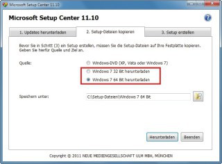 Windows-DVD herunterladen: Wenn Sie gerade keinen Installationsdatenträger von Windows 7 zur Hand haben, lädt das Microsoft Setup Center die Dateien aus dem Internet.