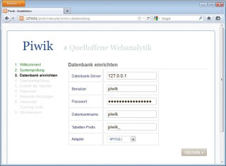 Piwik schnell im Browser installiert: Der webbasierte Installationsassistent fragt in wenigen Schritten alle nötigen Daten ab (Bild 2).