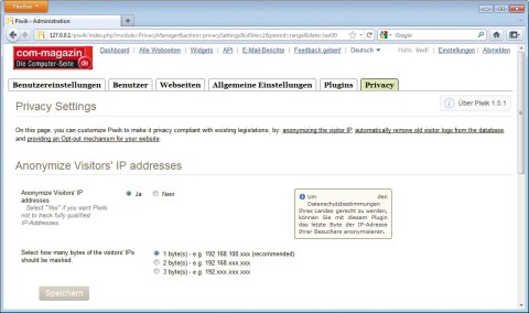 Datenschutz ernst nehmen: Anonymisieren Sie mindestens die letzten drei Ziffern der IP-Adresse, um die Privatsphäre Ihrer Benutzer zu wahren. Den letzten Ziffernblock ersetzt Piwik dann durch eine Null (Bild 4).