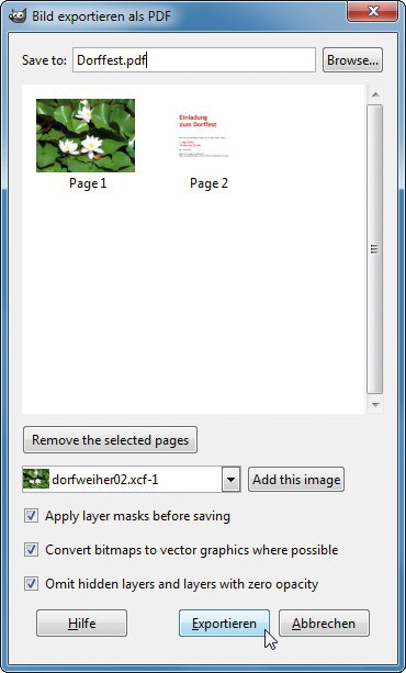 PDF-Dokumente: Auch mehrseitige PDF-Dateien mit Bildern und Text exportiert Gimp 2.8.