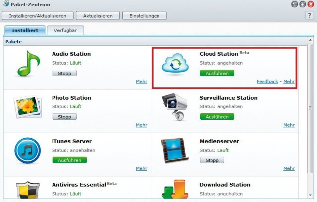 Dienst starten: Im Paketzentrum schalten Sie den Cloud-Station-Server ein. Klicken Sie dazu auf die Schaltfläche „Ausführen“ (Bild 3).