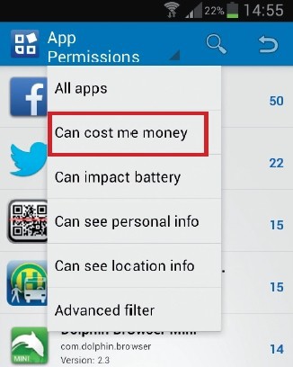 Apps-Rechte prüfen: App Permissions filtert die auf Ihrem Handy installierten Apps etwa danach, ob sie Kosten verursachen können.