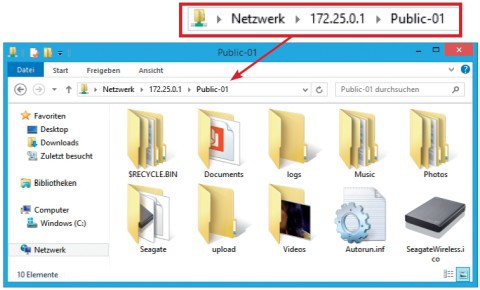 Dateizugriff über den Windows-Explorer: Geben Sie in die Adressleiste die IP-Adresse der WLAN-Festplatte ein. Dann wird ihr Inhalt im Windows-Explorer angezeigt – hier im Unterordner „Public-01“