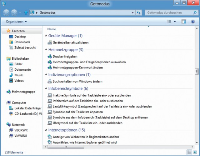 Gottmodus für Windows 8: Der praktische Gottmodus, der 250 Systemeinstellungen in einem Fenster verfügbar macht, lässt sich auch unter Windows 8 wieder einrichten.