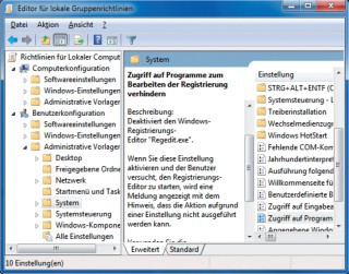 Registry schützen: Damit niemand die Windows-Registry verändern kann, unterbindet Gpedit den Zugriff auf den Registrierungs-Editor.