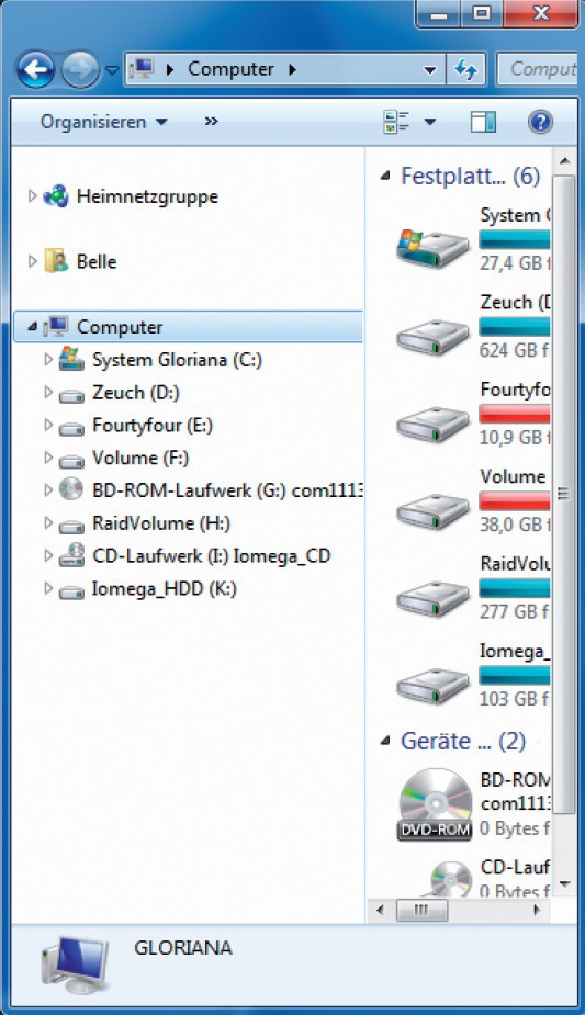 Windows-Explorer aufräumen: Hier wurden „Bibliotheken“, „Favoriten“ und „Netzwerk“ aus der linken Spalte entfernt.
