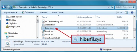 Hibernation: Wenn die Funktion eingeschaltet ist, dann finden Sie unter „C:\“ die Datei „hiberfil.sys“.