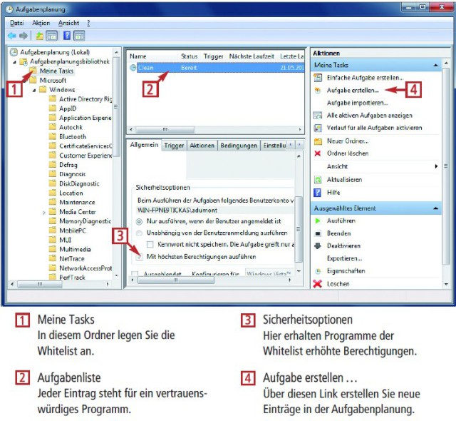 Mit Hilfe der Aufgabenplanung lässt sich in Windows 7 eine Liste mit vertrauenswürdigen Programmen anlegen. Diese dürfen dann jederzeit mit Administratorrechten starten, ohne dass die UAC eine Bestätigung verlangt (Bild 5).